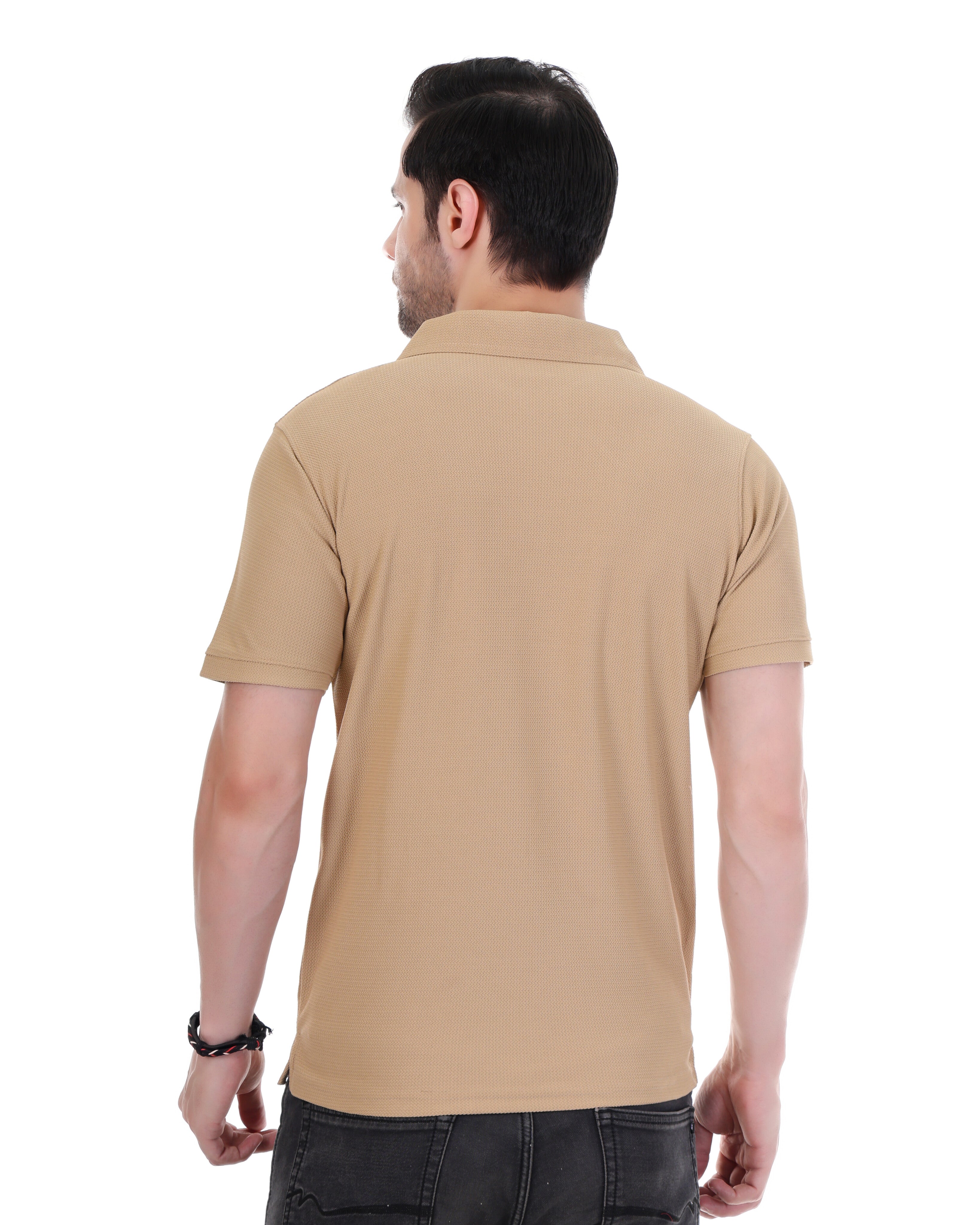 Men's Beige Half Sleeve Polo T-Shirt with Zip Neck