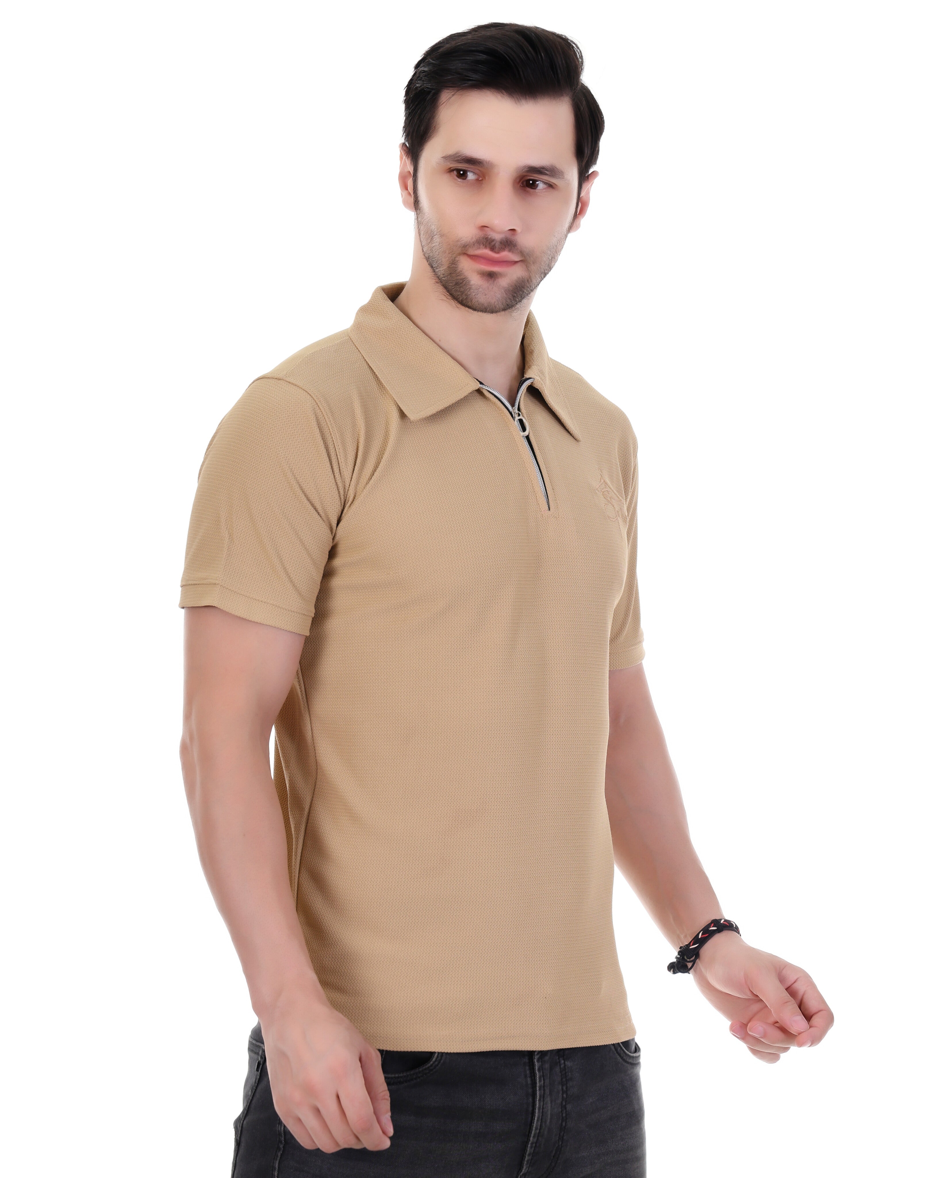Men's Beige Half Sleeve Polo T-Shirt with Zip Neck