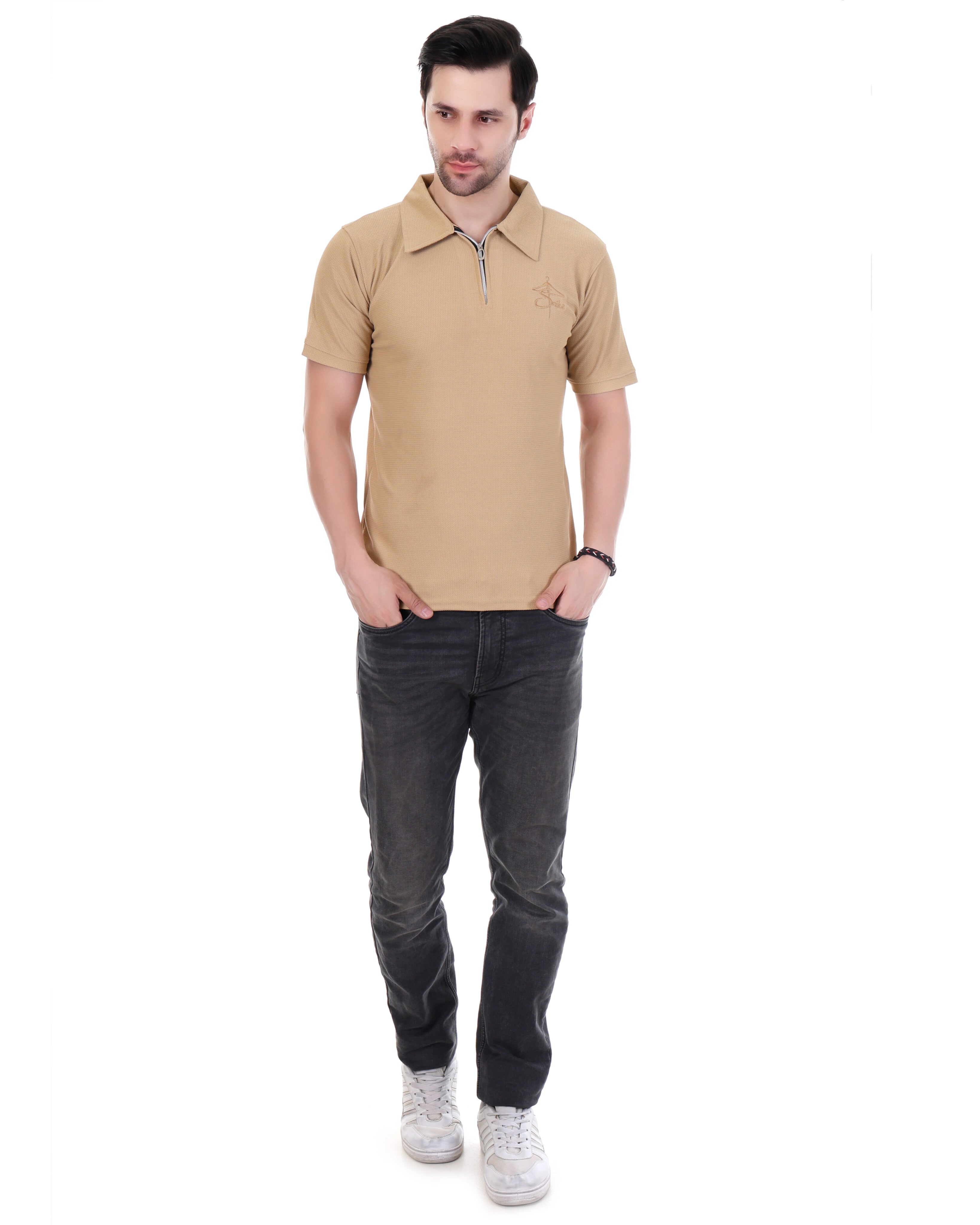 Men's Beige Half Sleeve Polo T-Shirt with Zip Neck