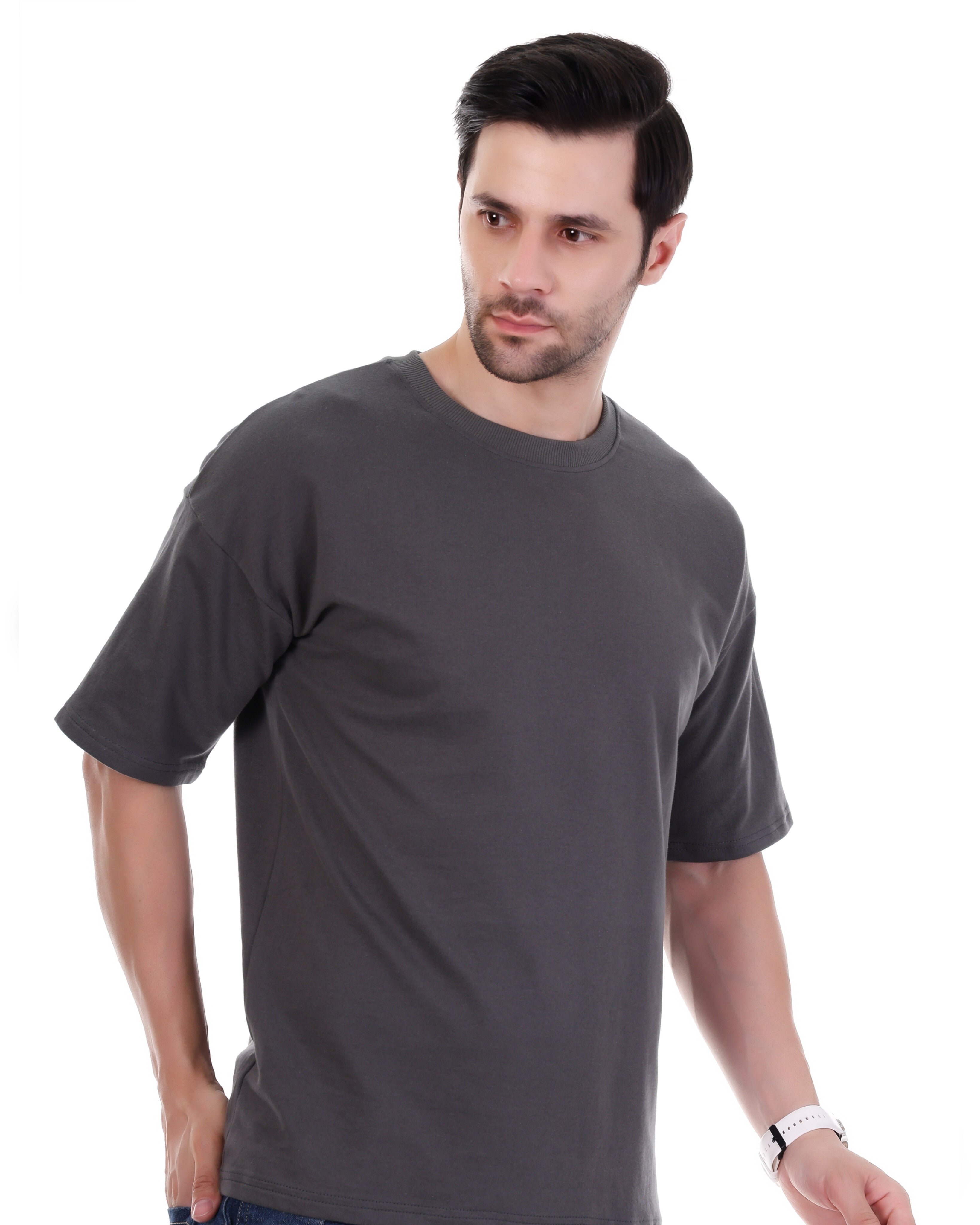 Men Solid Crew Neck Pure Cotton Gray  Oversize  T-Shirt