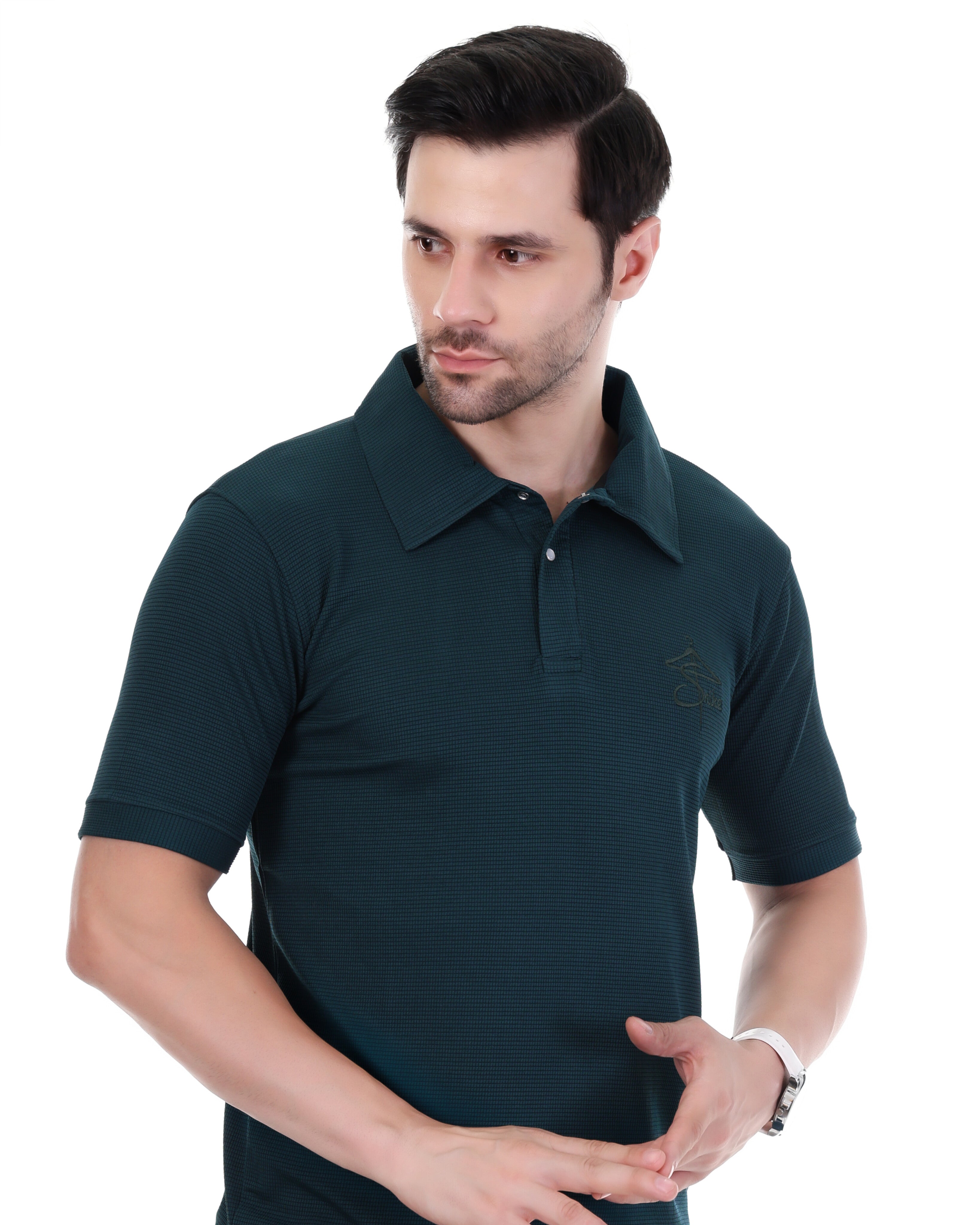 Men's Dark Teal Textured Polo T-Shirt – Classic Collar & Half Sleeves