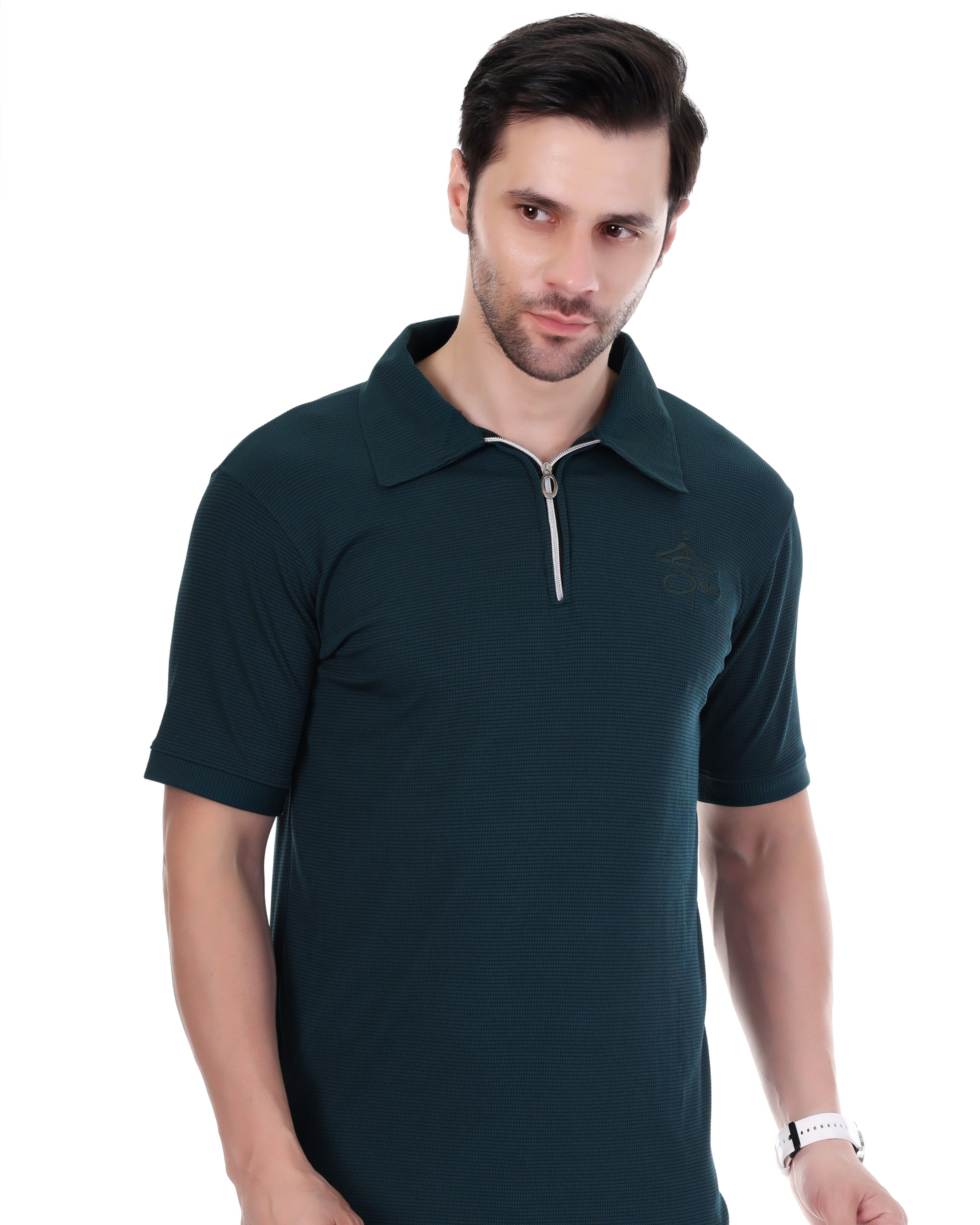 Men's Dark Teal Textured Polo T-Shirt – Classic Collar & Half Sleeves
