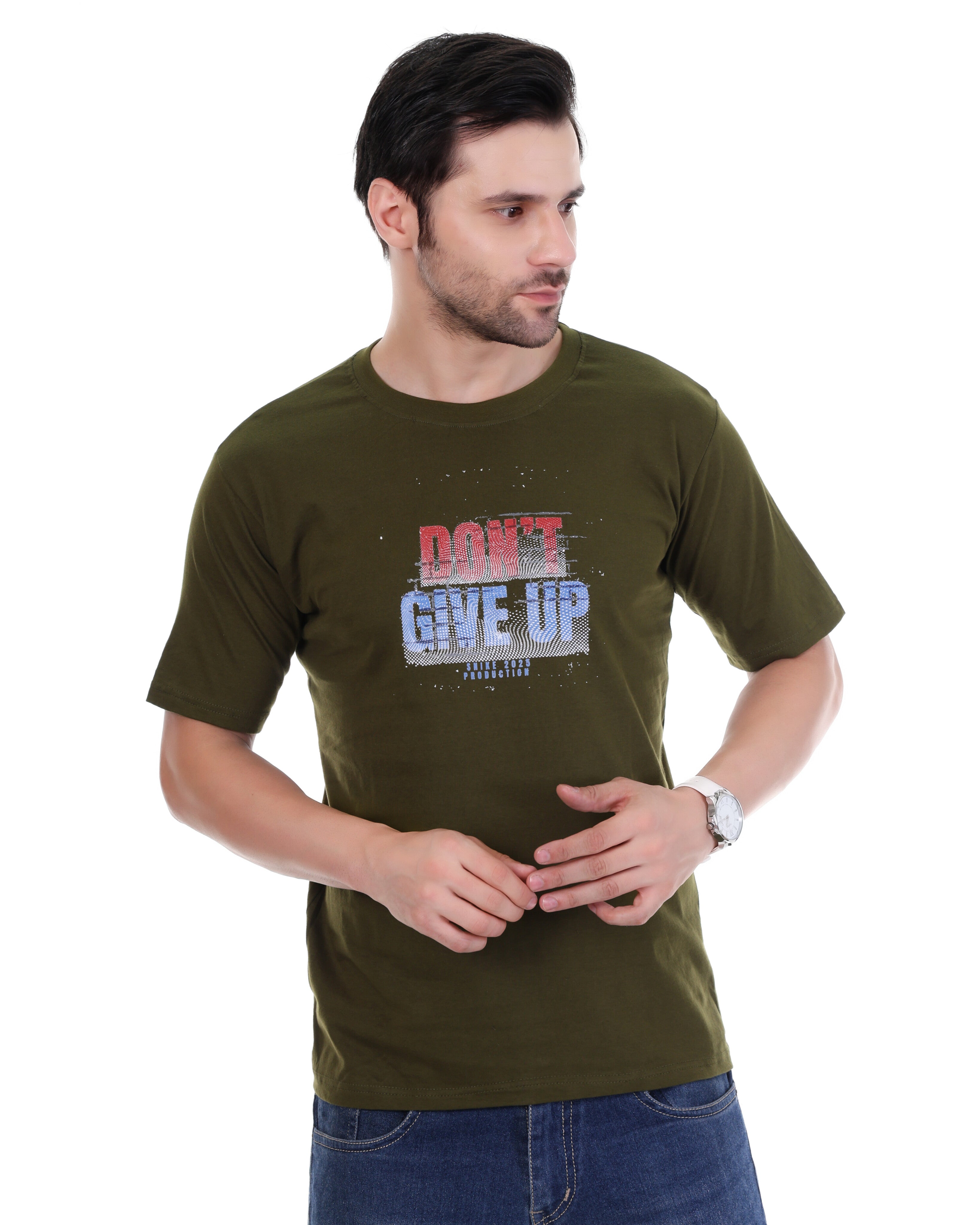 Men's Olive Green Motivational T-Shirt – "Don't Give Up" Graphic Print