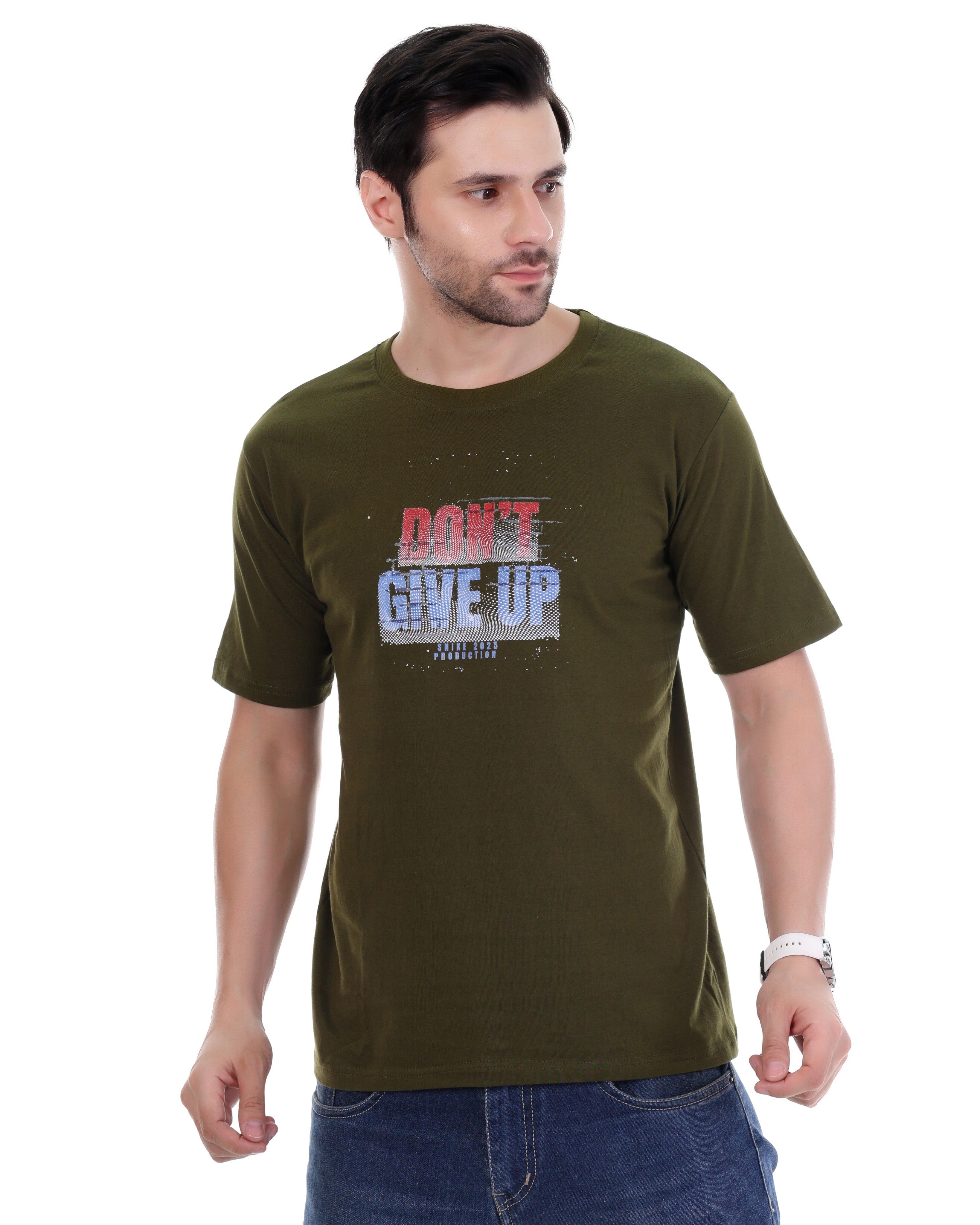 Men's Olive Green Motivational T-Shirt – "Don't Give Up" Graphic Print