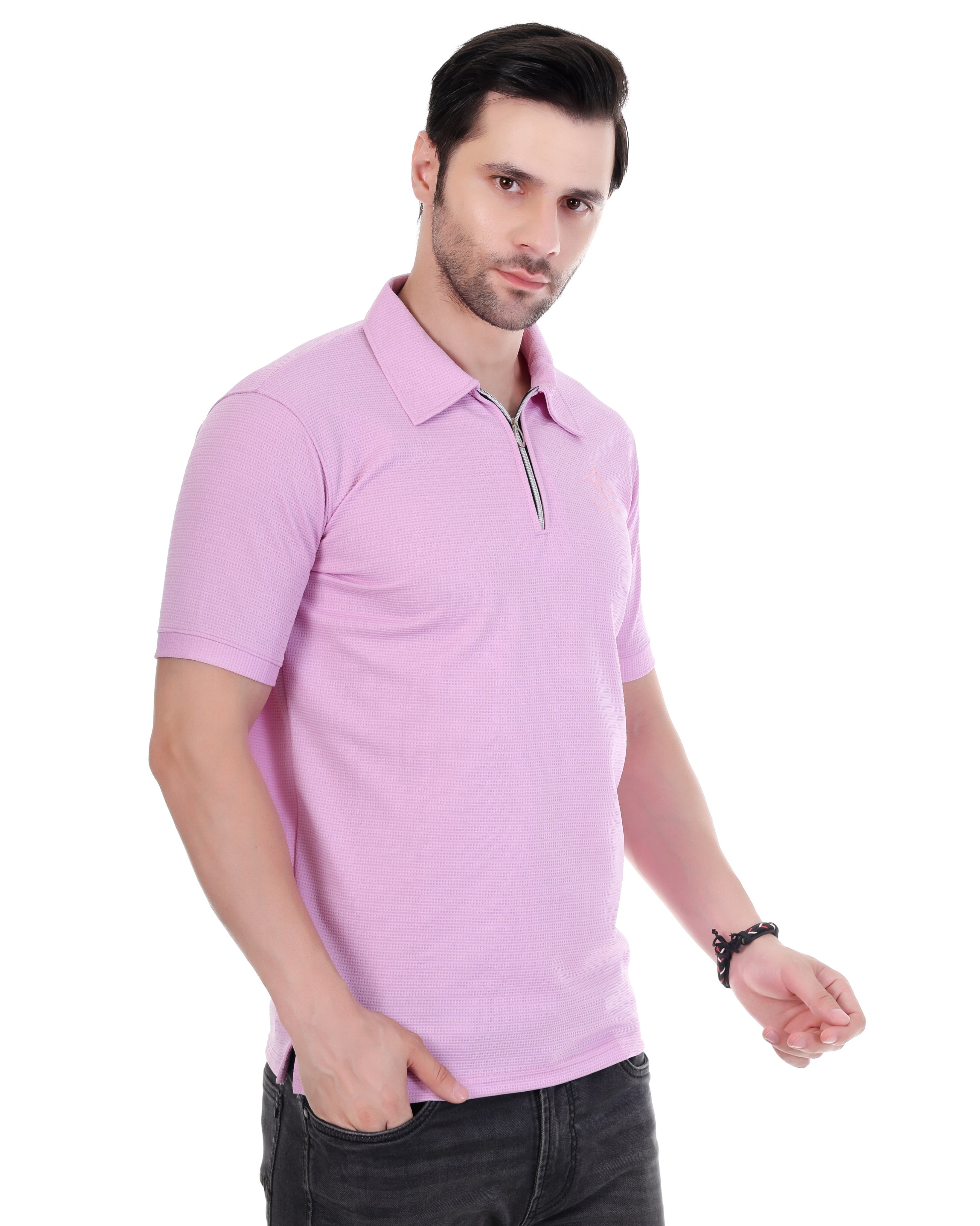 Men's Casual Light Pink Half Sleeve Polo T-Shirt with Zip Collar
