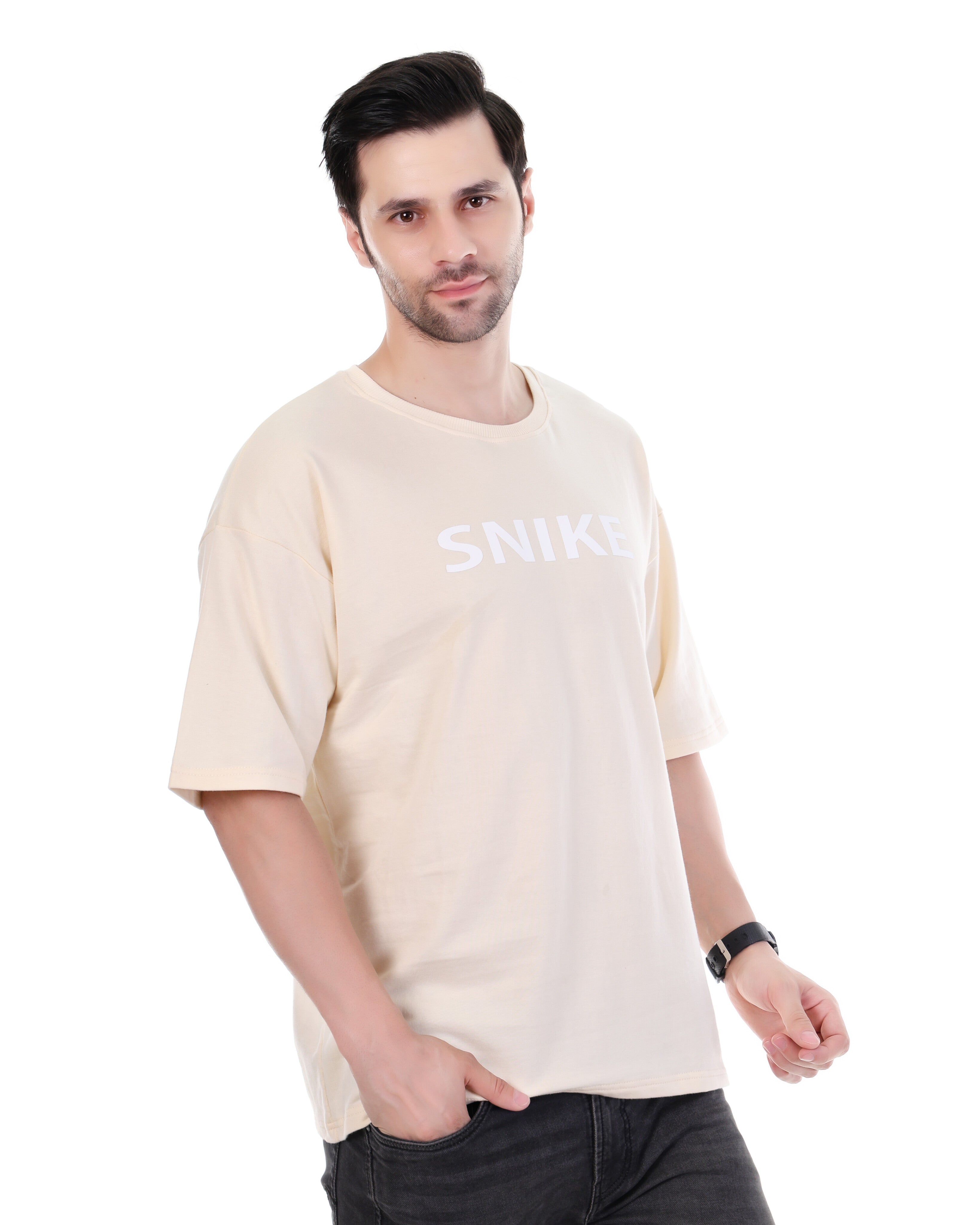 Men Solid Round Neck Cotton Beige Printed T-Shirt