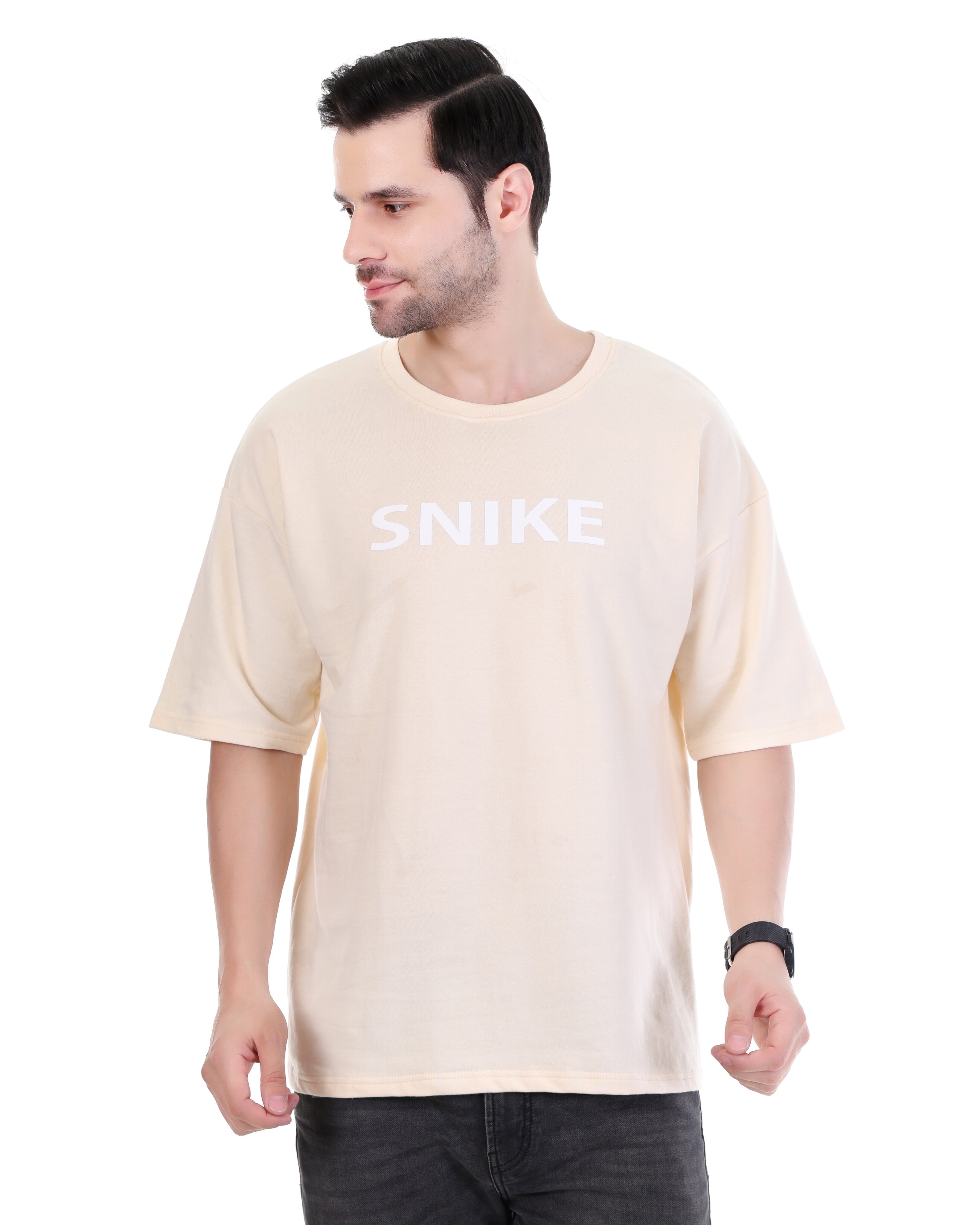 Men Solid Round Neck Cotton Beige Printed T-Shirt