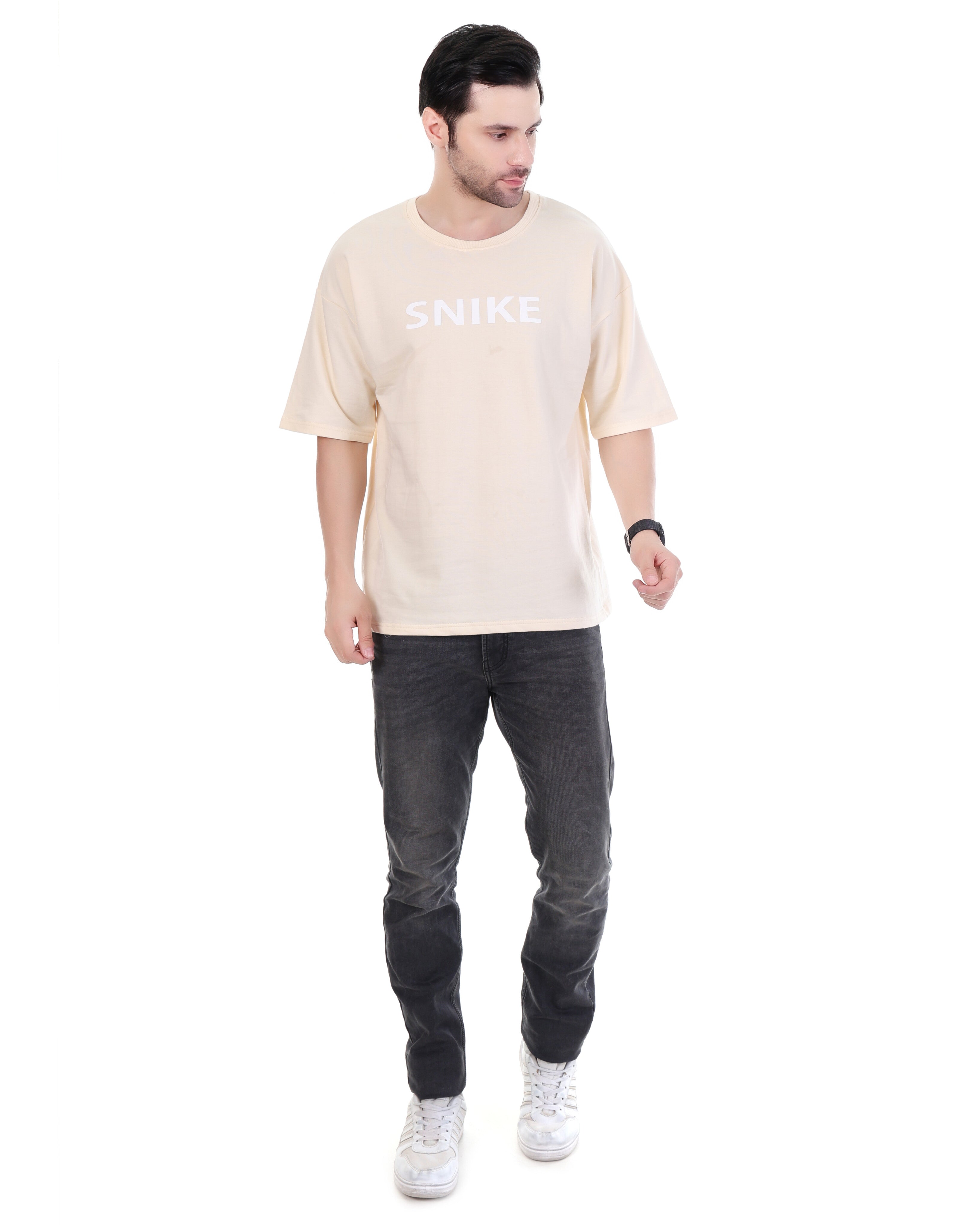 Men Solid Round Neck Cotton Beige Printed T-Shirt