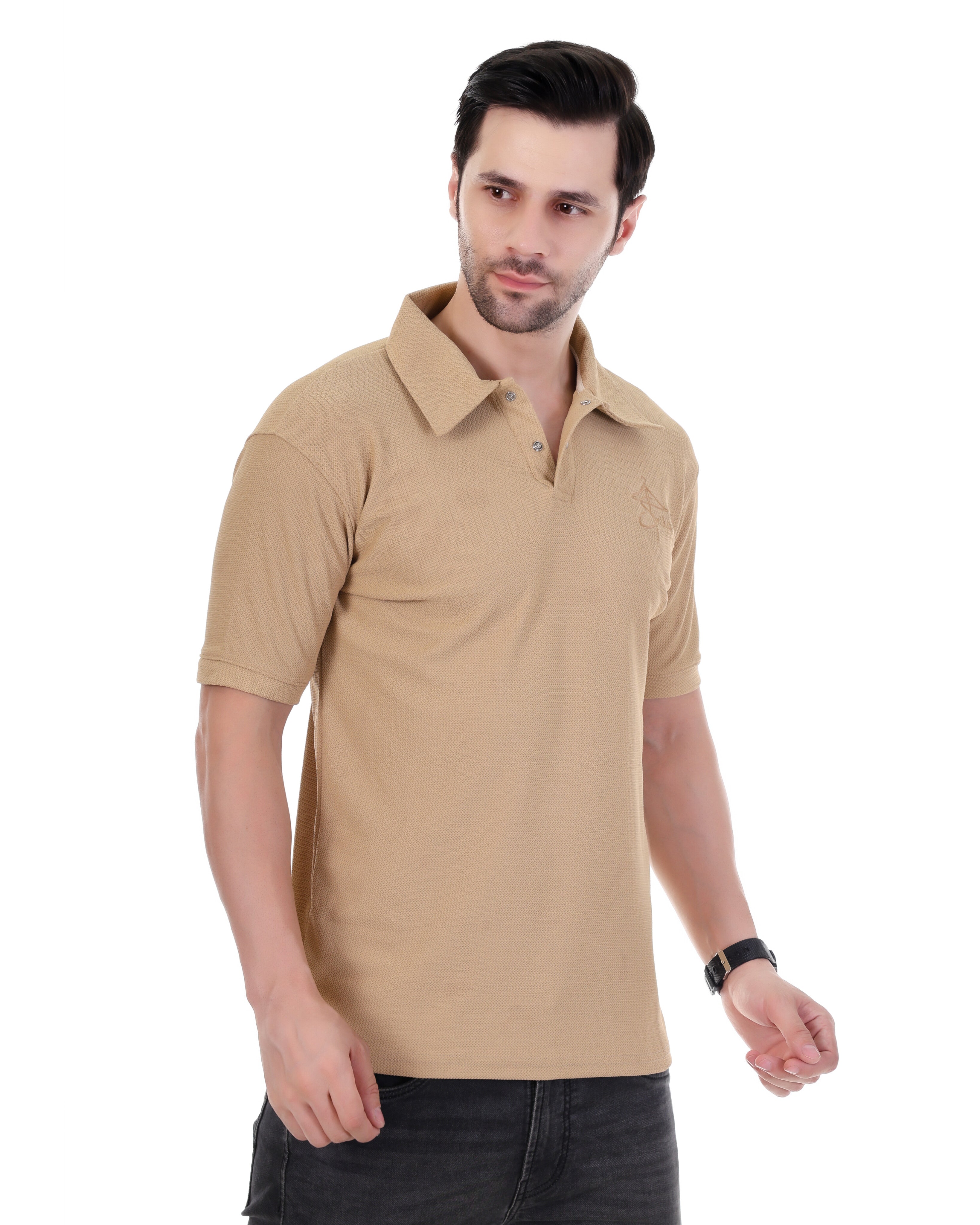 Men's Beige Textured Polo T-Shirt – Classic Collar & Half Sleeves